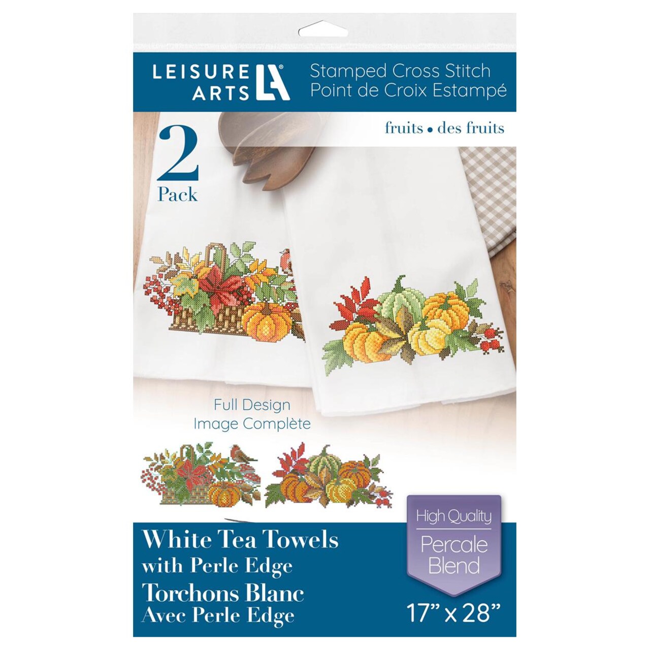 Leisure Arts Stamped Embroidery Tea Towels – 2 Pack Fruits Designs 17”x28” | Beginner Hand Embroidery Kit for Adults | Perle Edge Cotton Blend Towels w/ DMC, Anchor & Coats Floss Guide